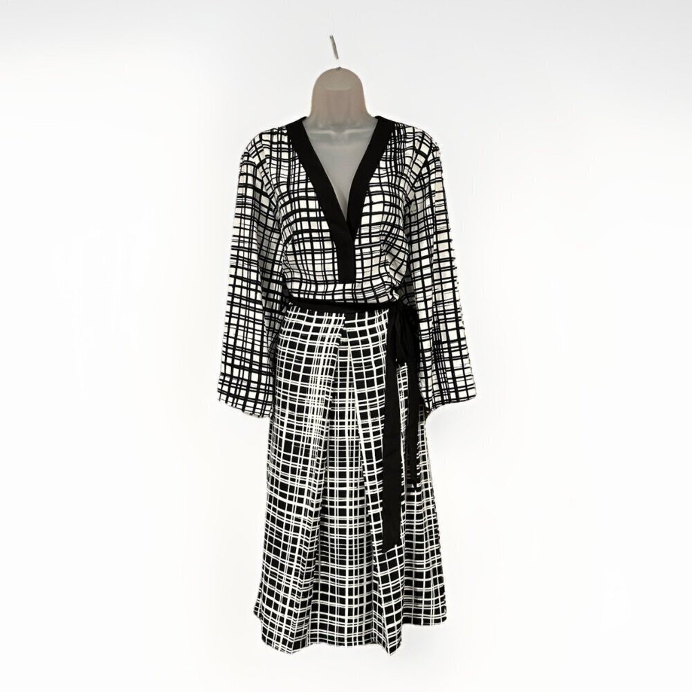 NWT ELOQUII Black White Plaid Midi Dress V-Neck Long Sleeve Tie Plus Size 22